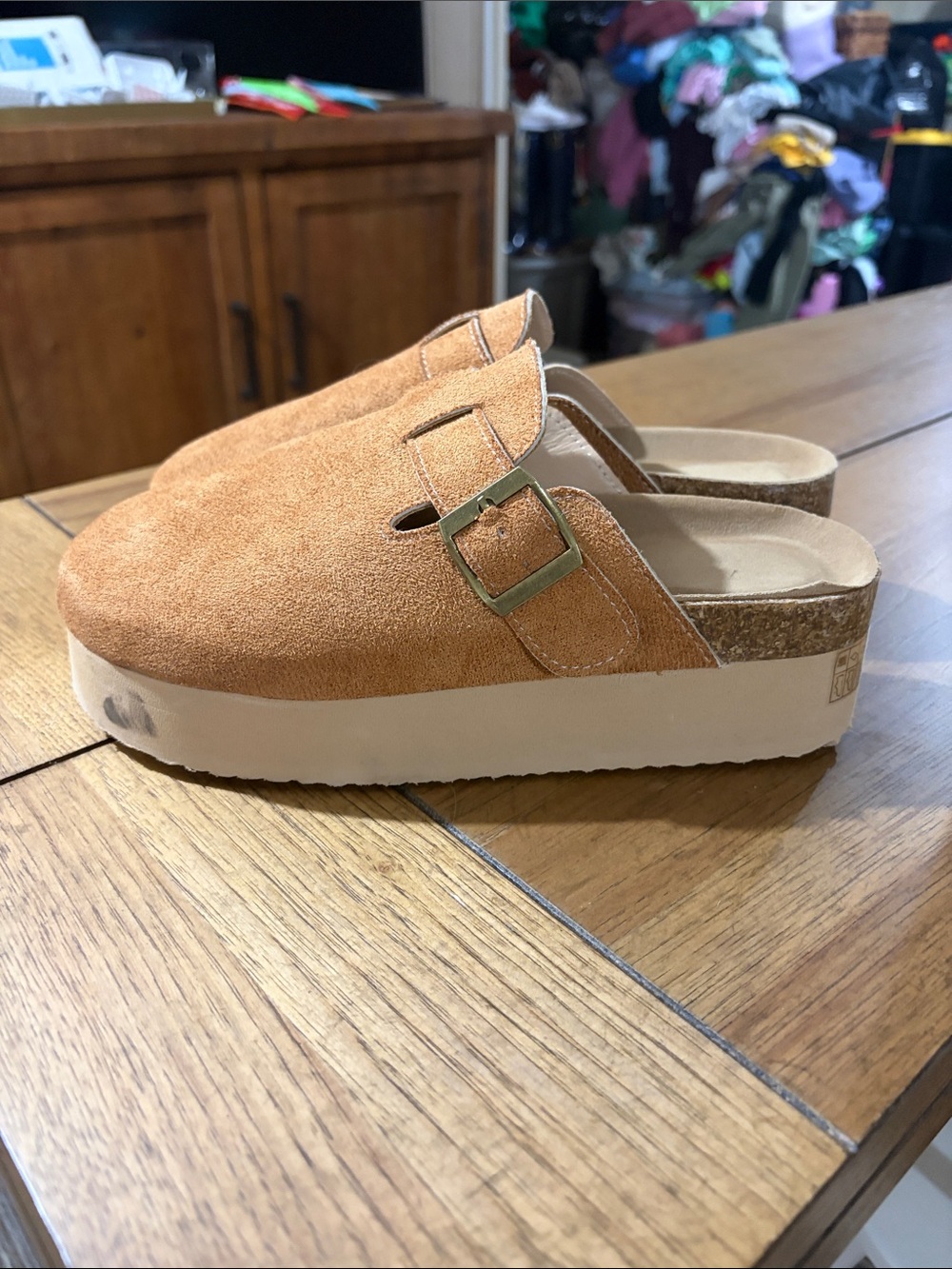 Kids Suede Mule Clog in Tan with Buckle